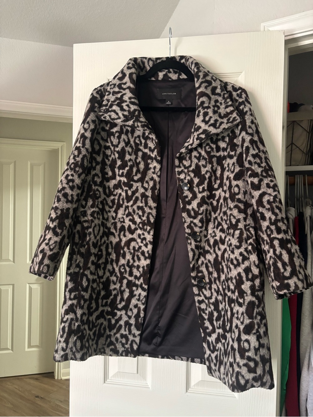 Ann Taylor Black and Gray Leopard-Print Pea Coat